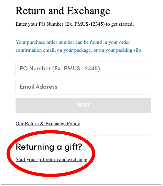 Screenshot of the Narvar returns interface that has a red circle around the link for returning gifts, which is in the second section called 'Returning a gift?'