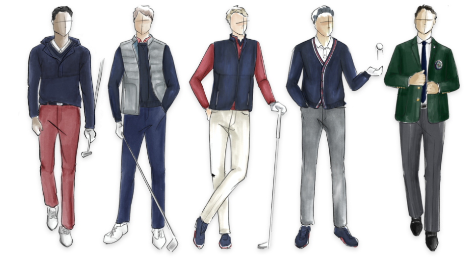 Colored Sketch of Five Golfers wearing Walker Cup Apparel